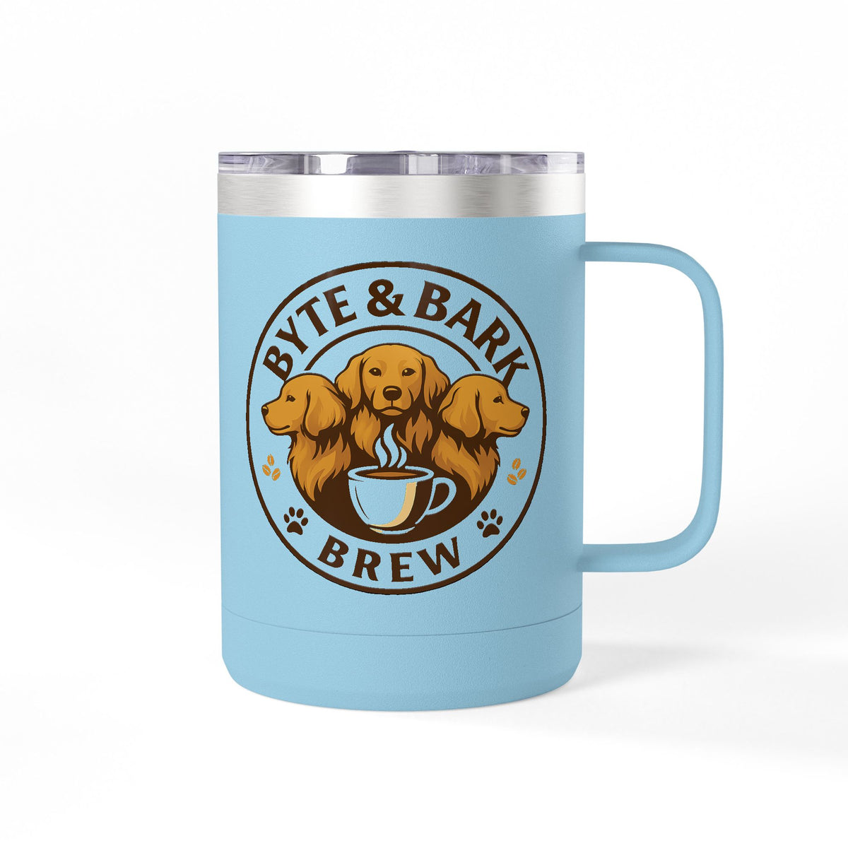 Light blue insulated mug with clear lid, stainless rim, Byte & Bark Brew® three-dog logo