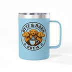 White Byte & Bark Brew coffee mug with three golden retrievers and coffee cup logo