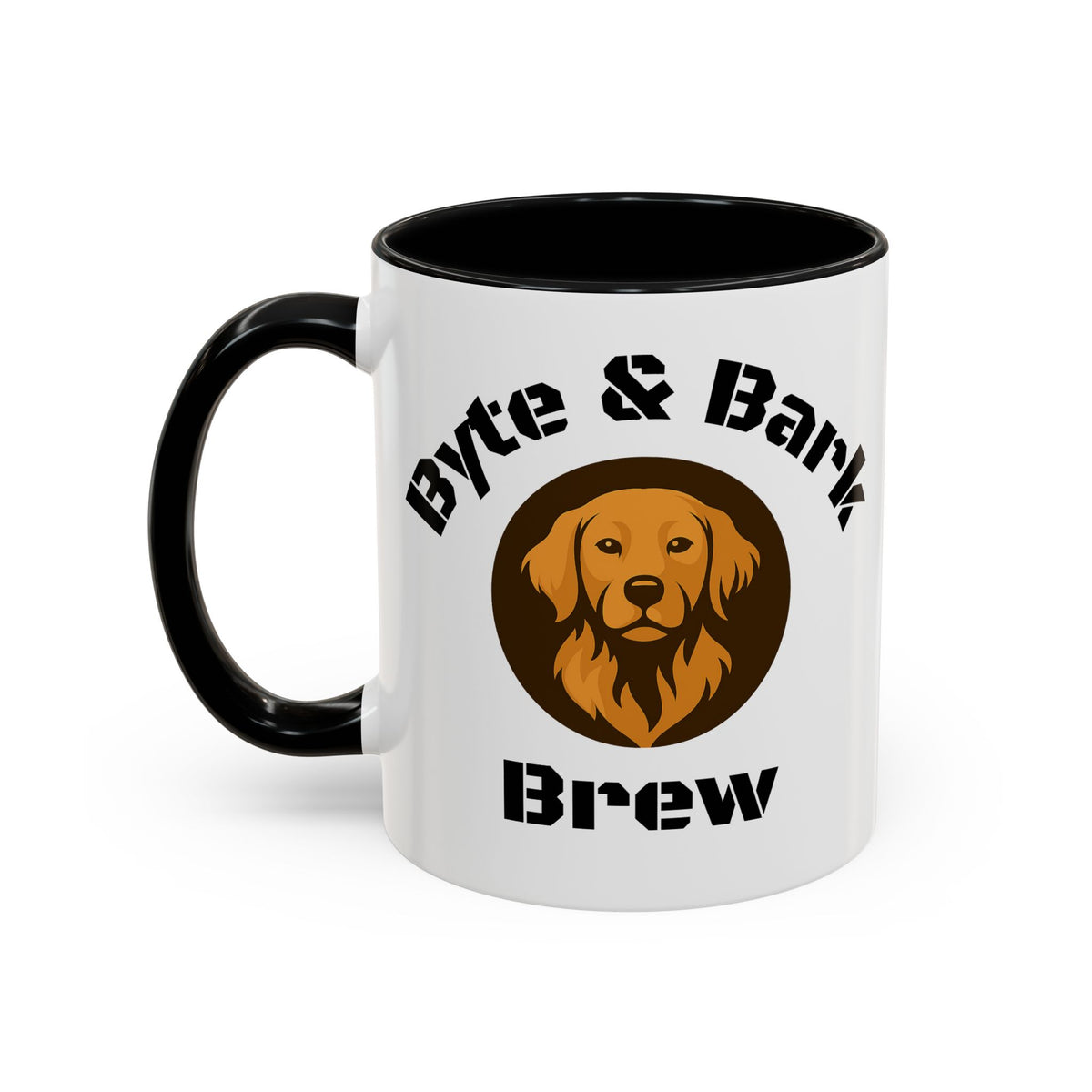 White accent mug with black interior and handle featuring Byte & Bark Brew® dog logo