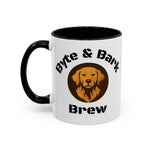 White mug with black handle featuring a dog illustration and text on a white background