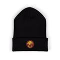 Black beanie with a red and yellow Byte & Bark Brew logo on a white background