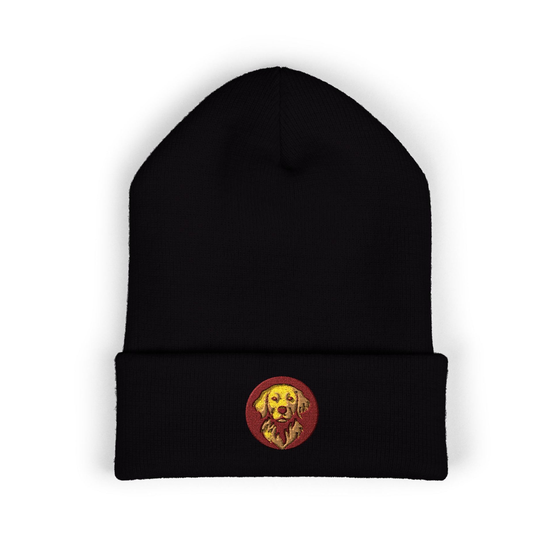 Black beanie with a red and yellow Byte & Bark Brew logo on a white background