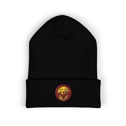 Black beanie with a red and yellow Byte & Bark Brew logo on a white background