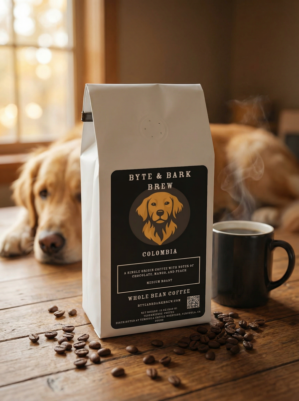 Byte & Bark Brew coffee bag with a dog on the label, surrounded by coffee beans and a mug on a wooden surface.