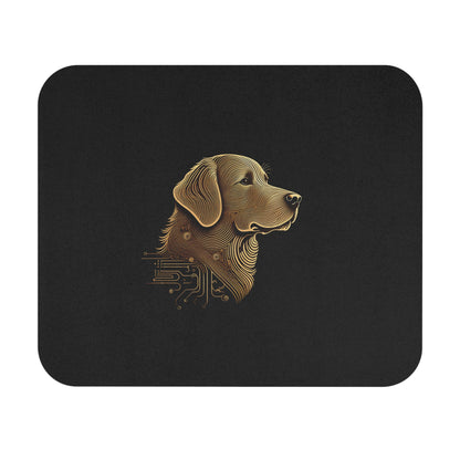 Black mouse pad with a gold dog illustration on a white background