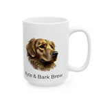 White mug with a dog illustration and 'Byte & Bark Brew' text on a white background