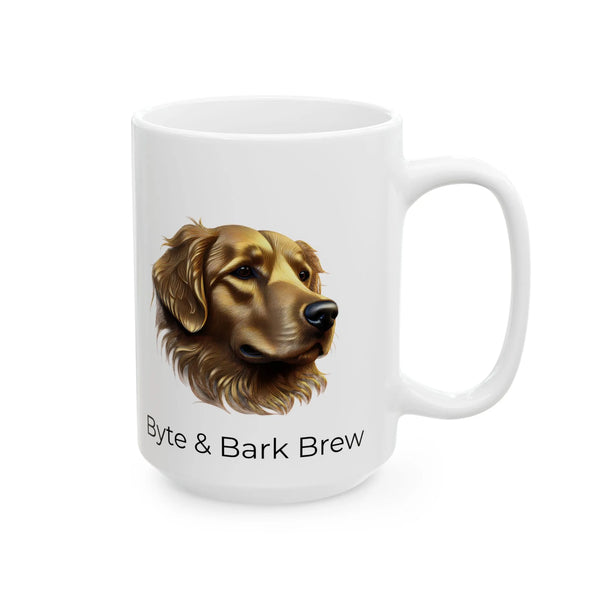 White mug with a dog illustration and 'Byte & Bark Brew' text on a white background