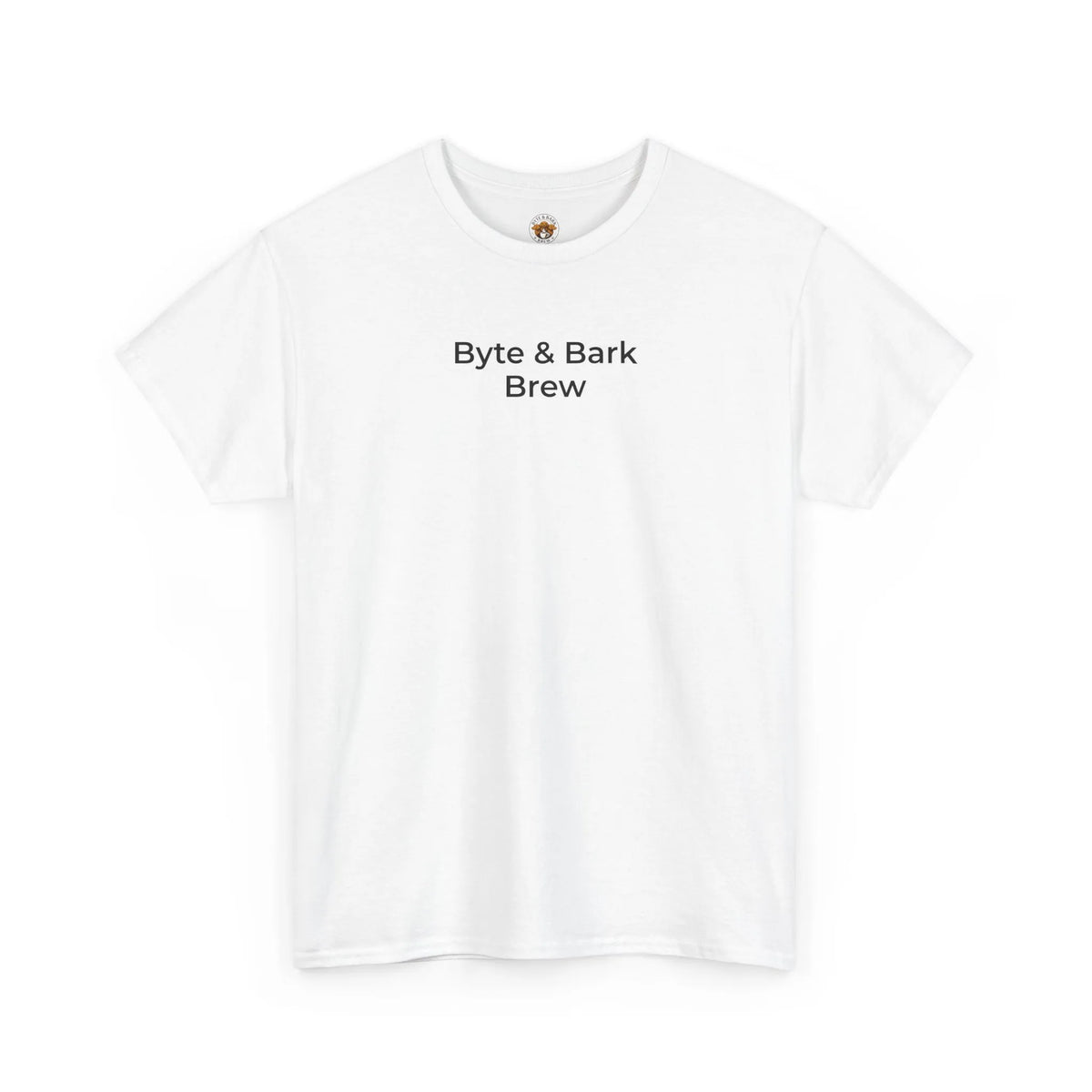 White crewneck T-shirt front with centered black 'Byte & Bark Brew®' text and small neck logo