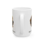 White mug with printed text and images on a white background
