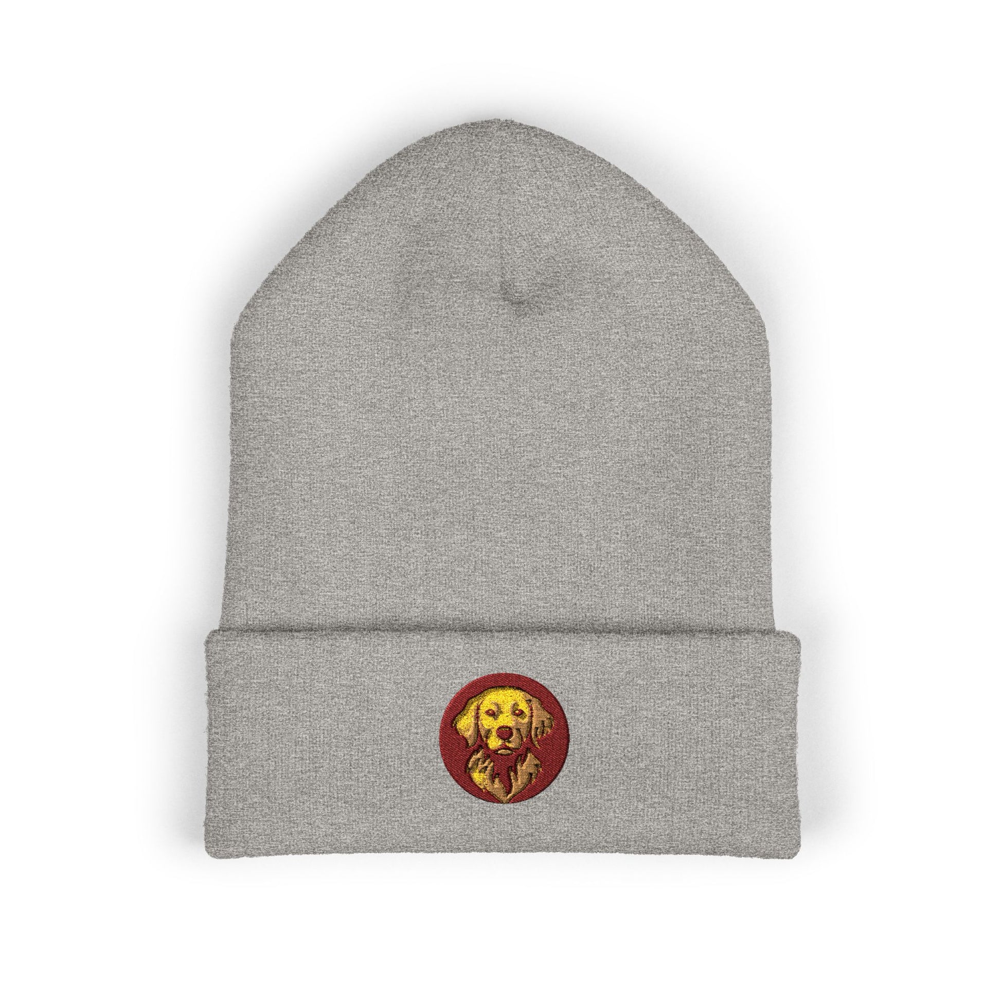 Gray beanie with a embroidered logo on a white background