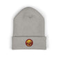 Gray beanie with a embroidered logo on a white background