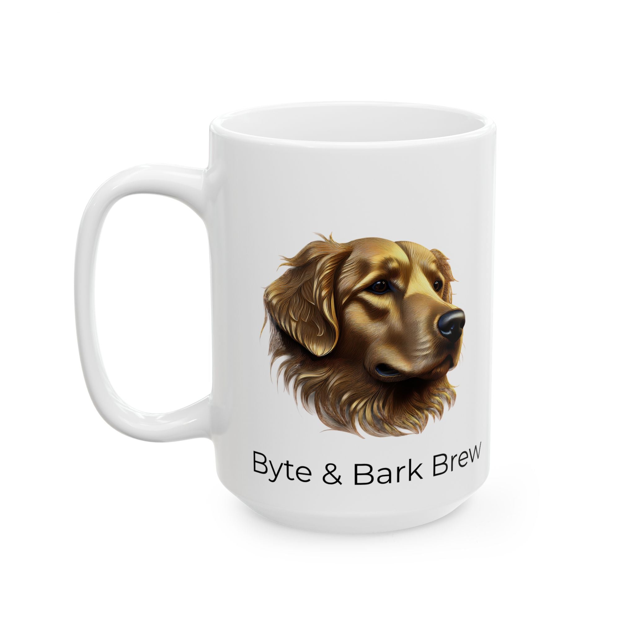White mug with a golden retriever design and 'Byte & Bark Brew' text on a white background