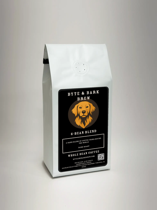 White coffee bag with Byte & Bark Brew® black label featuring dog logo and 6-bean blend