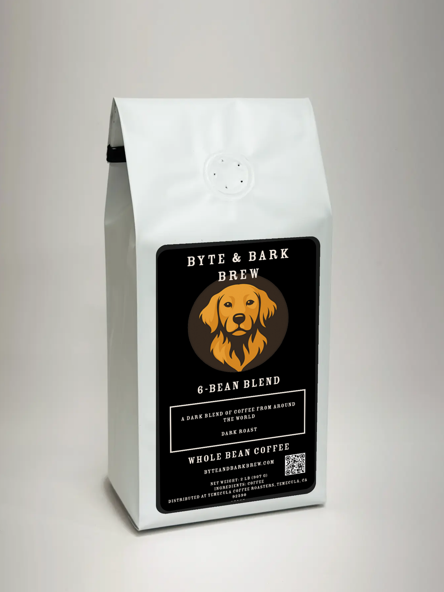 White coffee bag with black Byte & Bark Brew® label featuring golden dog logo and '6-Bean Blend' text
