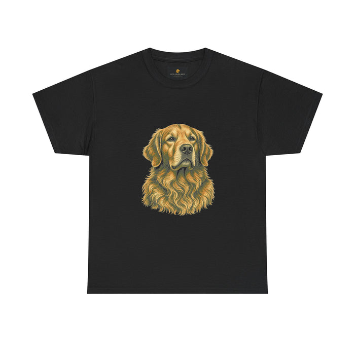Black crew-neck t-shirt with large golden retriever portrait print and Byte & Bark Brew® label