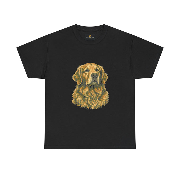 Black crew-neck t-shirt with large golden retriever portrait print and Byte & Bark Brew® label