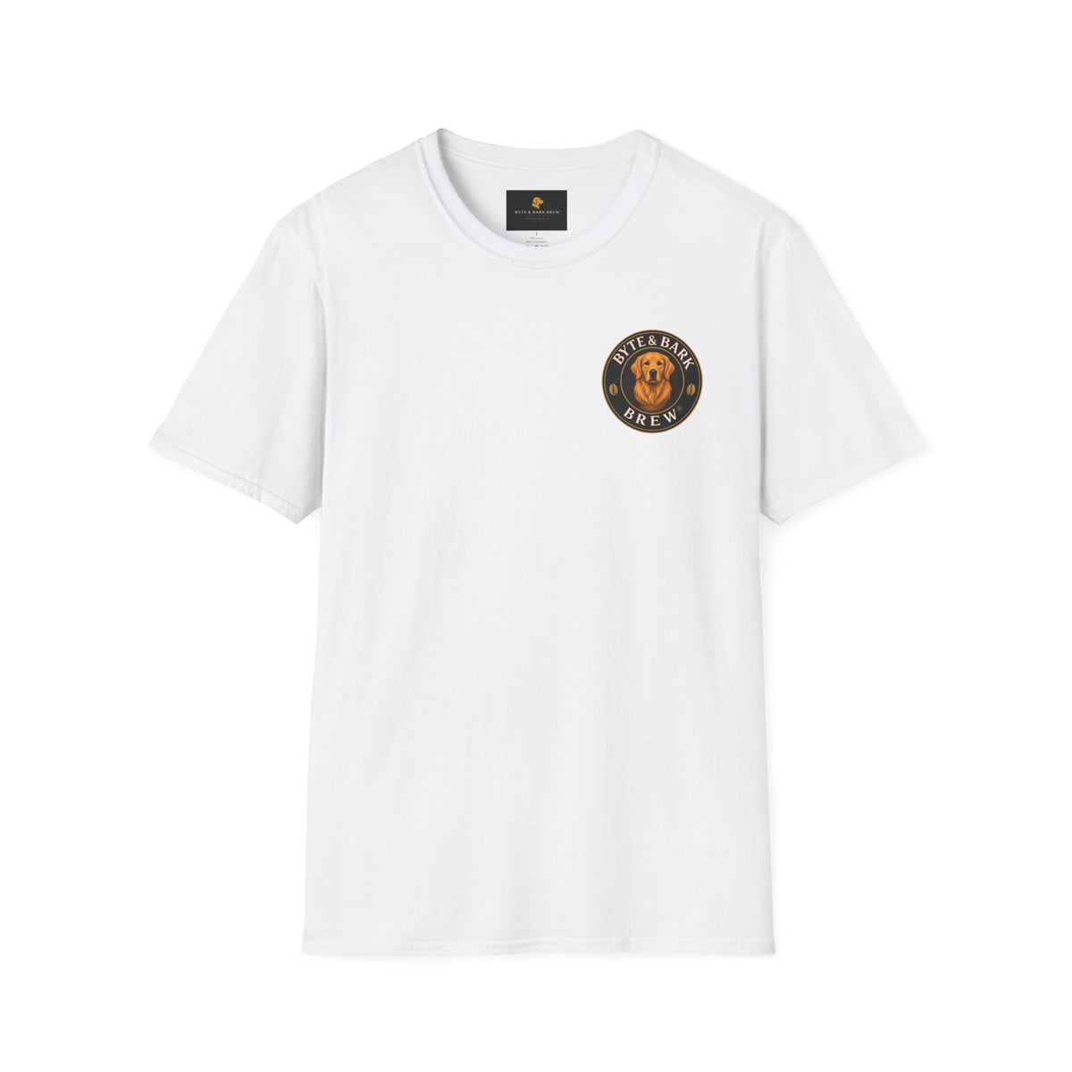 White crewneck t-shirt with small left-chest Byte & Bark Brew® circular golden retriever logo
