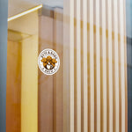 Byte & Banks Brew logo on a glass door with vertical blinds