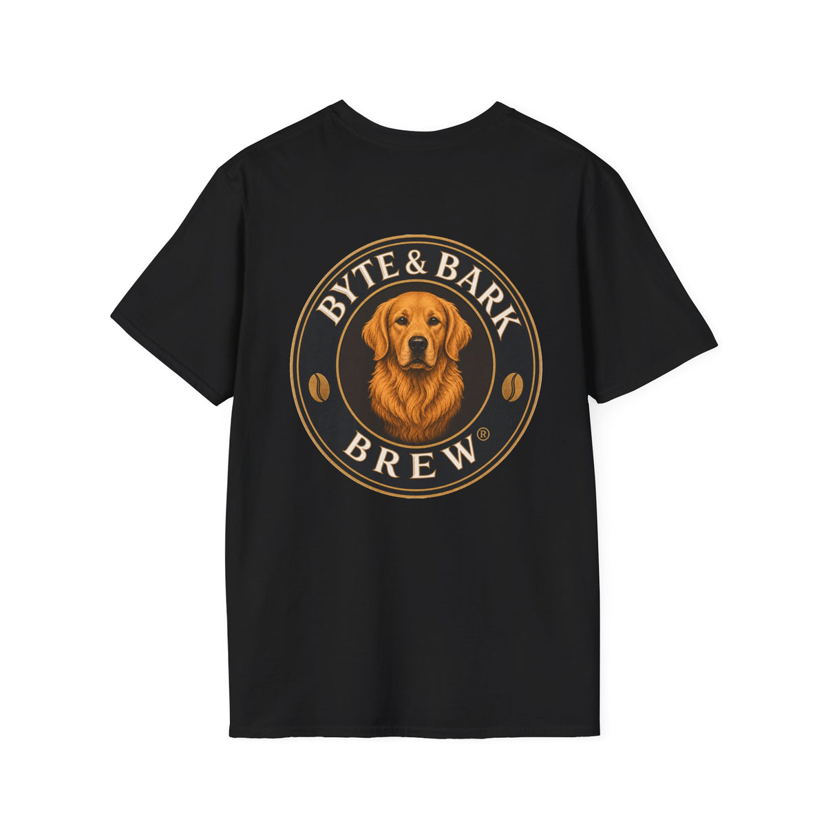 Black tee back view with large Byte & Bark Brew® circular golden retriever logo