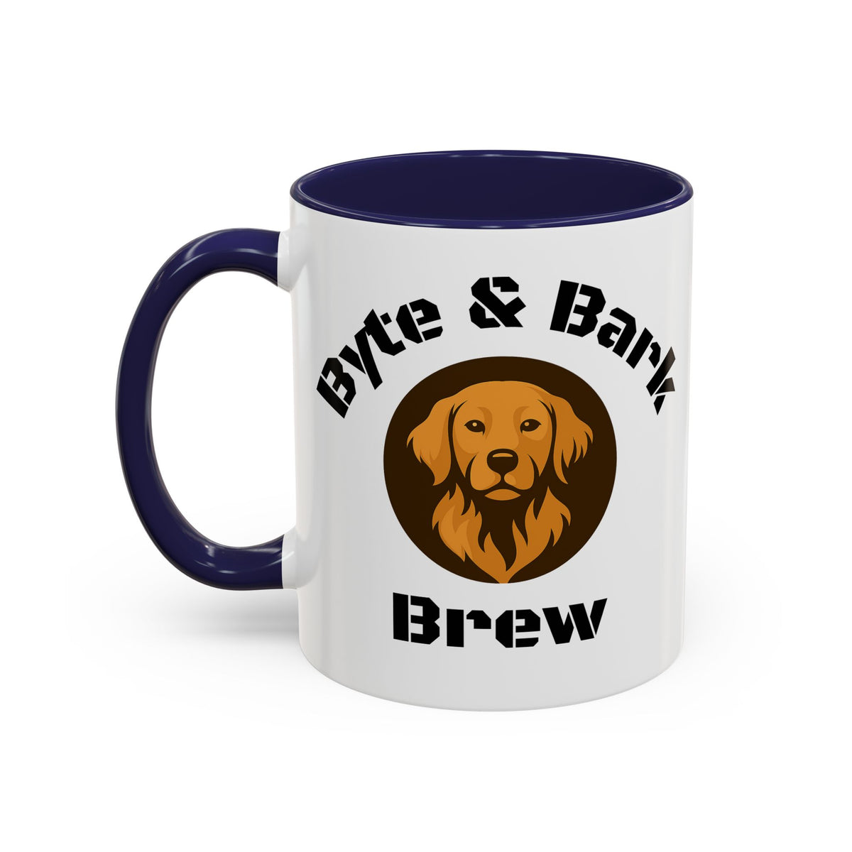 White accent mug with navy interior and handle featuring Byte & Bark Brew® dog logo