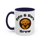White mug with blue handle featuring a dog illustration and text on a white background