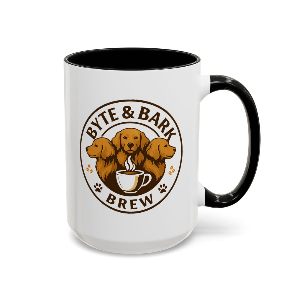 Mug with 'Byte & Bark Brew' design featuring dogs and a coffee cup on a white background