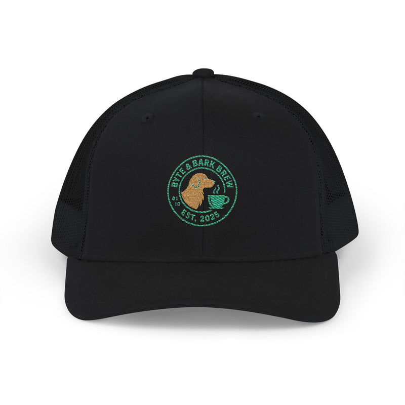 Black cap with a logo on a white background