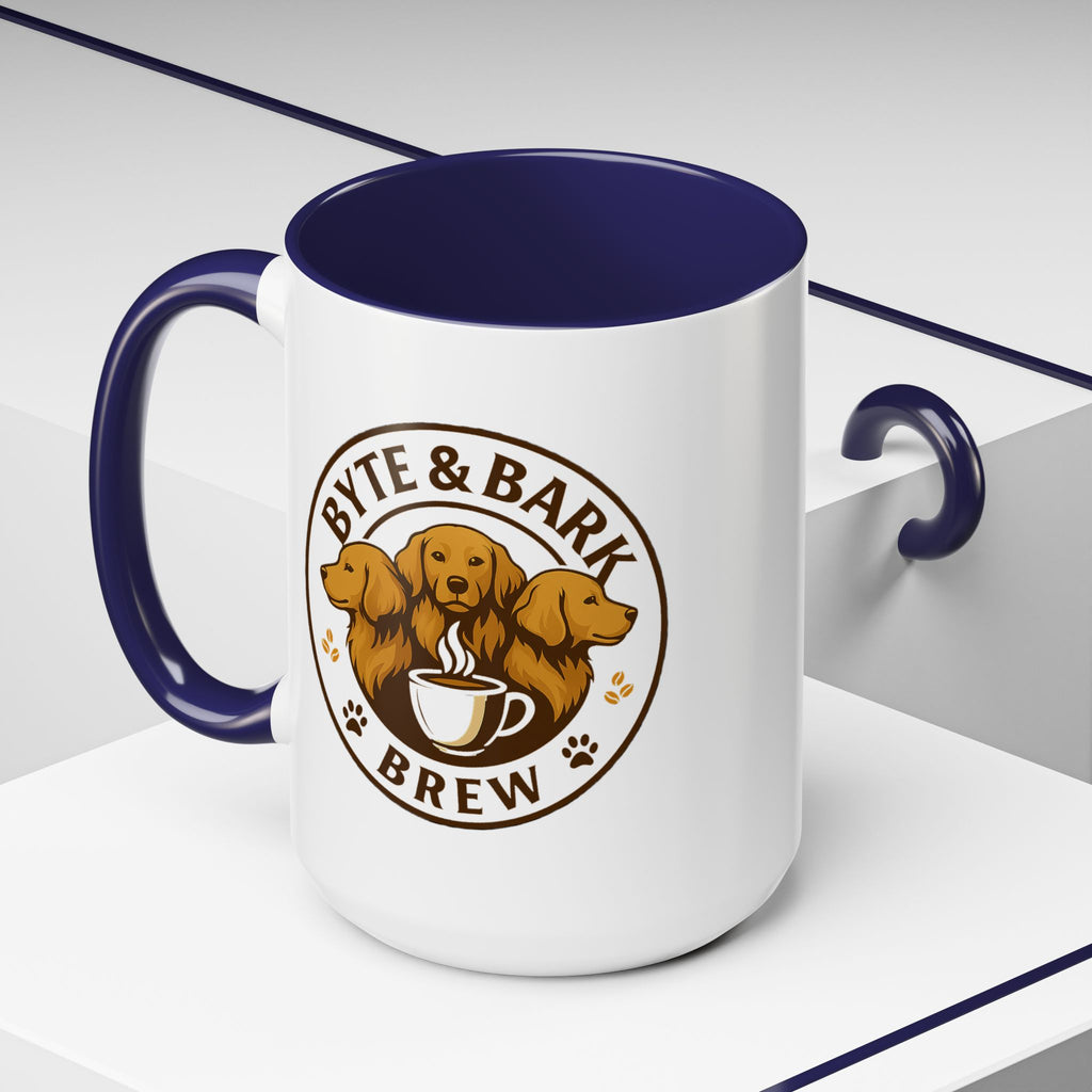 White mug with blue interior and handle featuring 'Byte & Bark Brew' logo on a white background