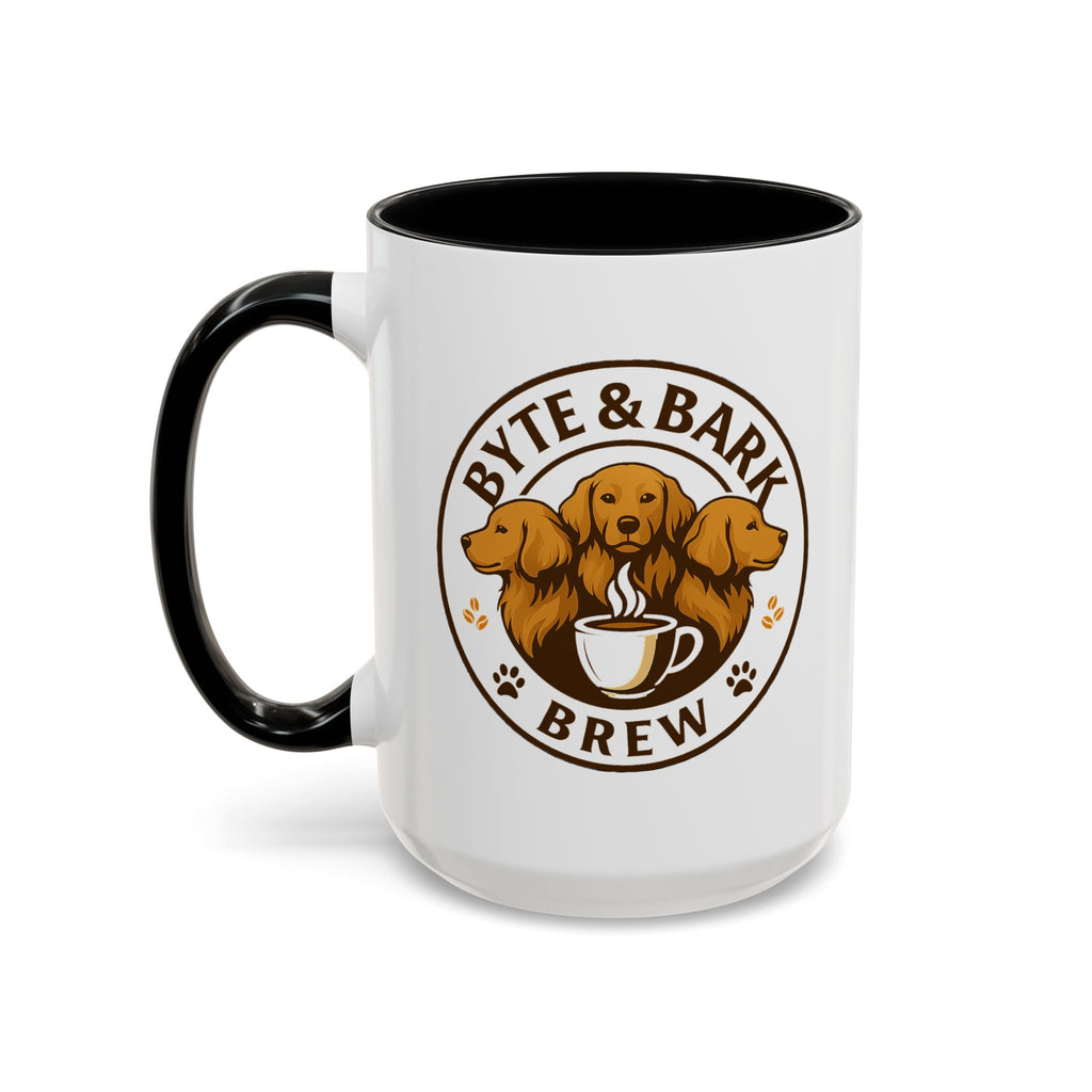 White mug with black interior and handle, featuring 'Byte & Bark Brew' logo with dogs and a coffee cup.