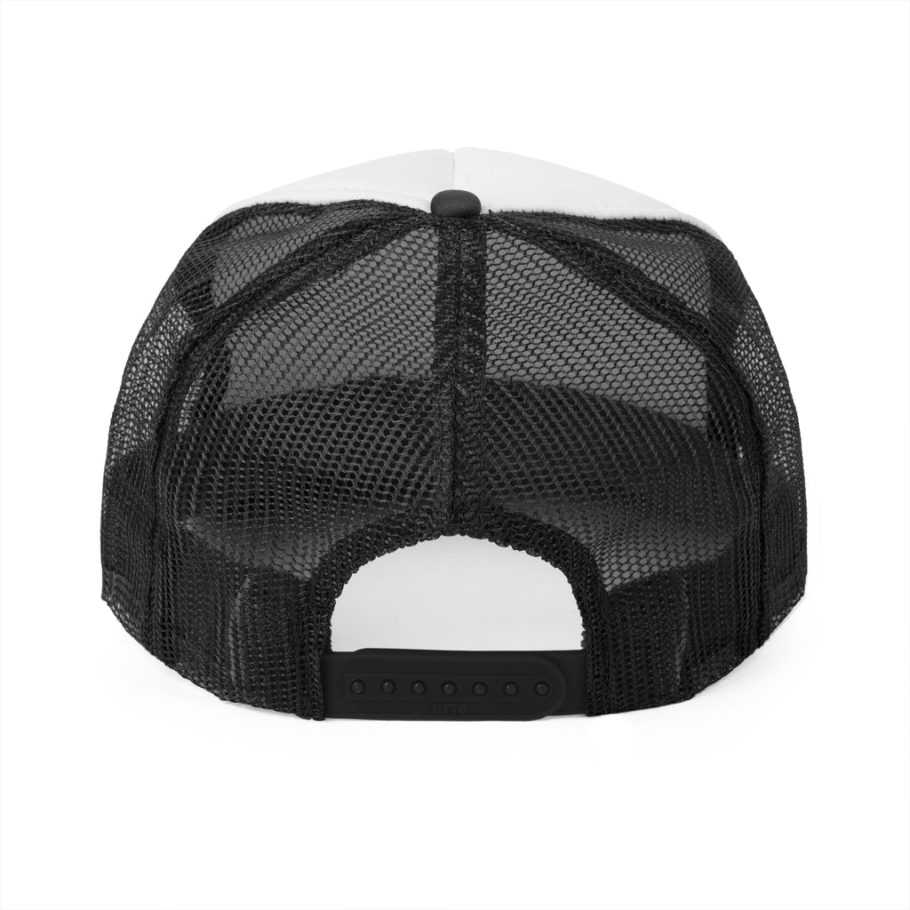 Black mesh cap with white front panel on a white background