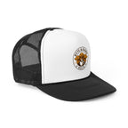 Black and white trucker cap with a logo on a white background