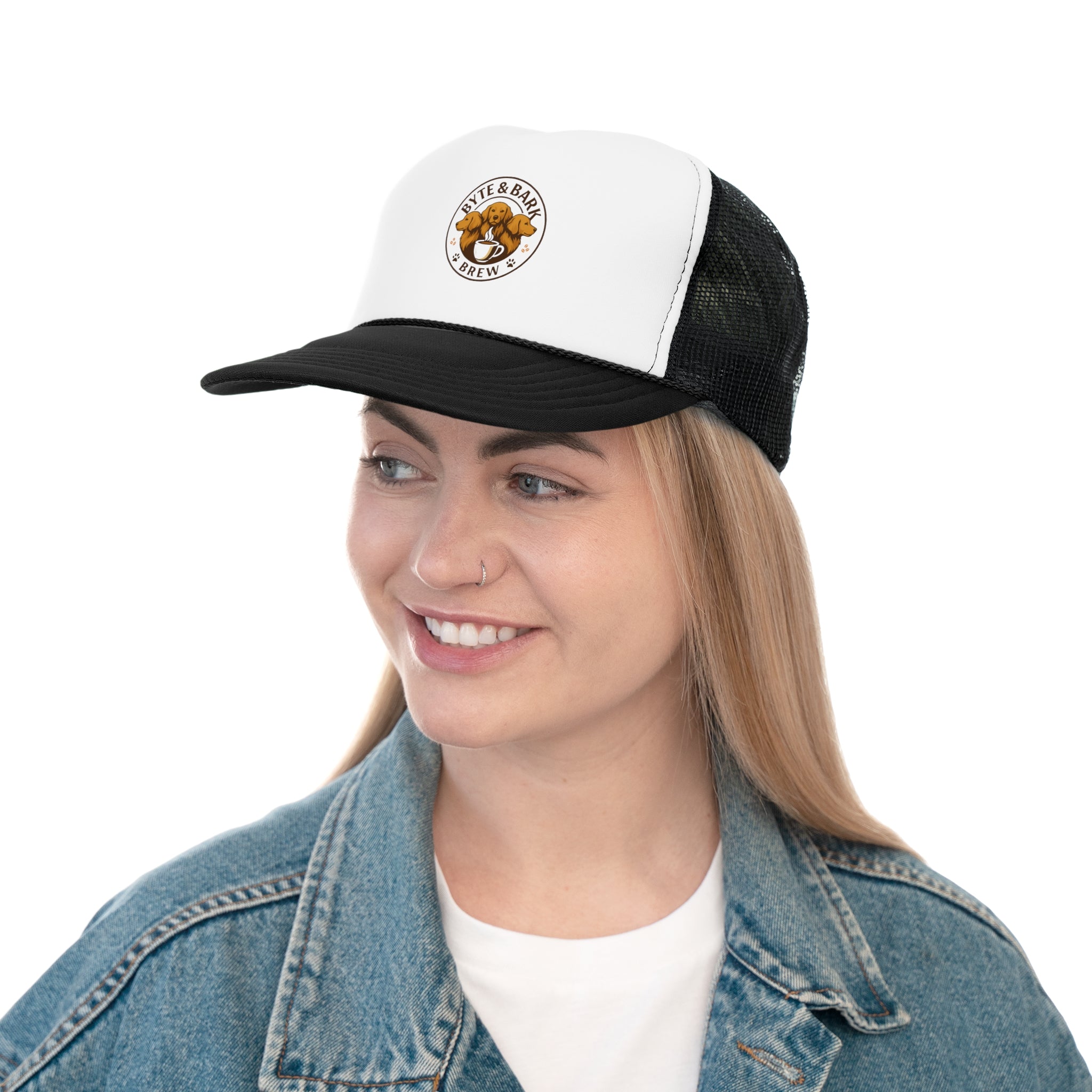Woman wearing a black and white cap with a logo on a white background