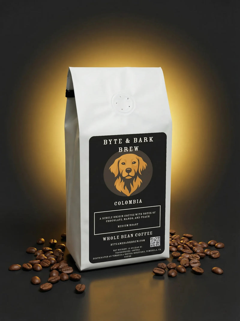 Coffee bag labeled 'Byte & Bark Brew' with coffee beans on a dark background