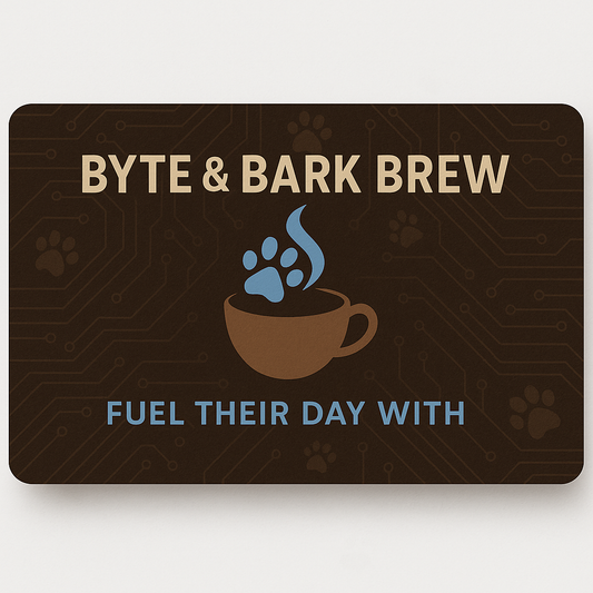 Byte & Bark Brew product card with coffee cup icon and text on a dark background