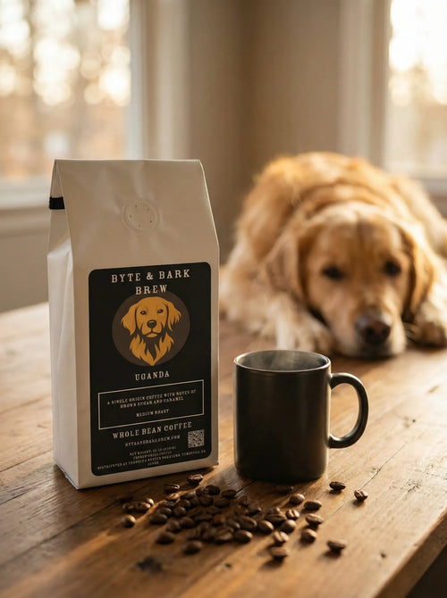 Byte & Bark Brew coffee package with a mug and coffee beans on a wooden table, with a dog in the background.