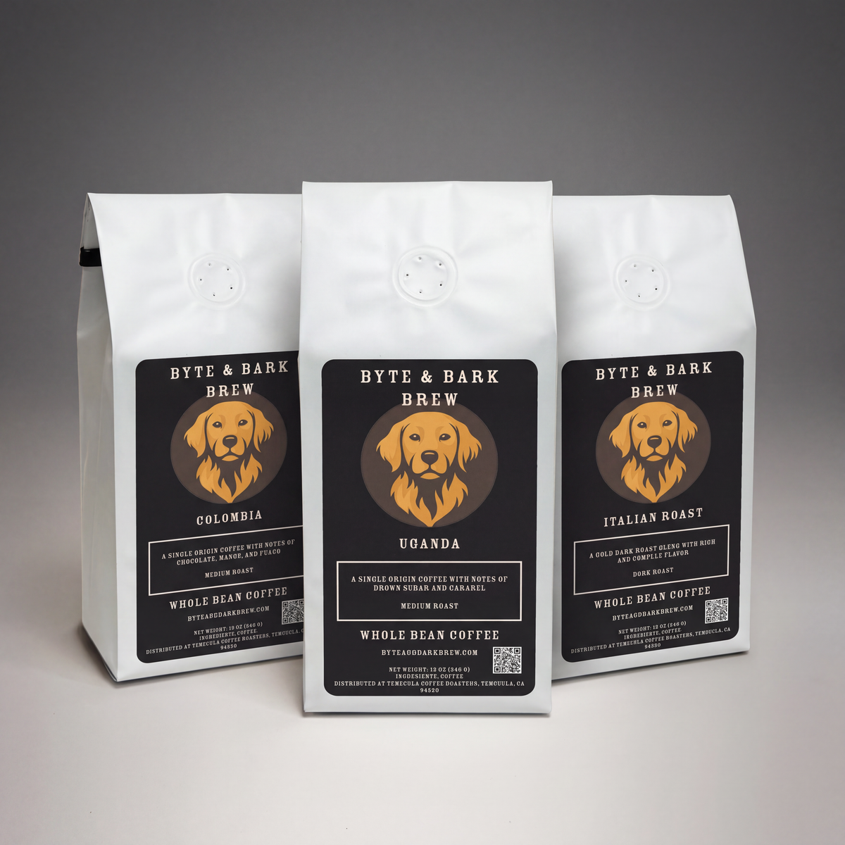 Three white coffee bags displaying Byte & Bark Brew® black labels with a golden dog logo, front view