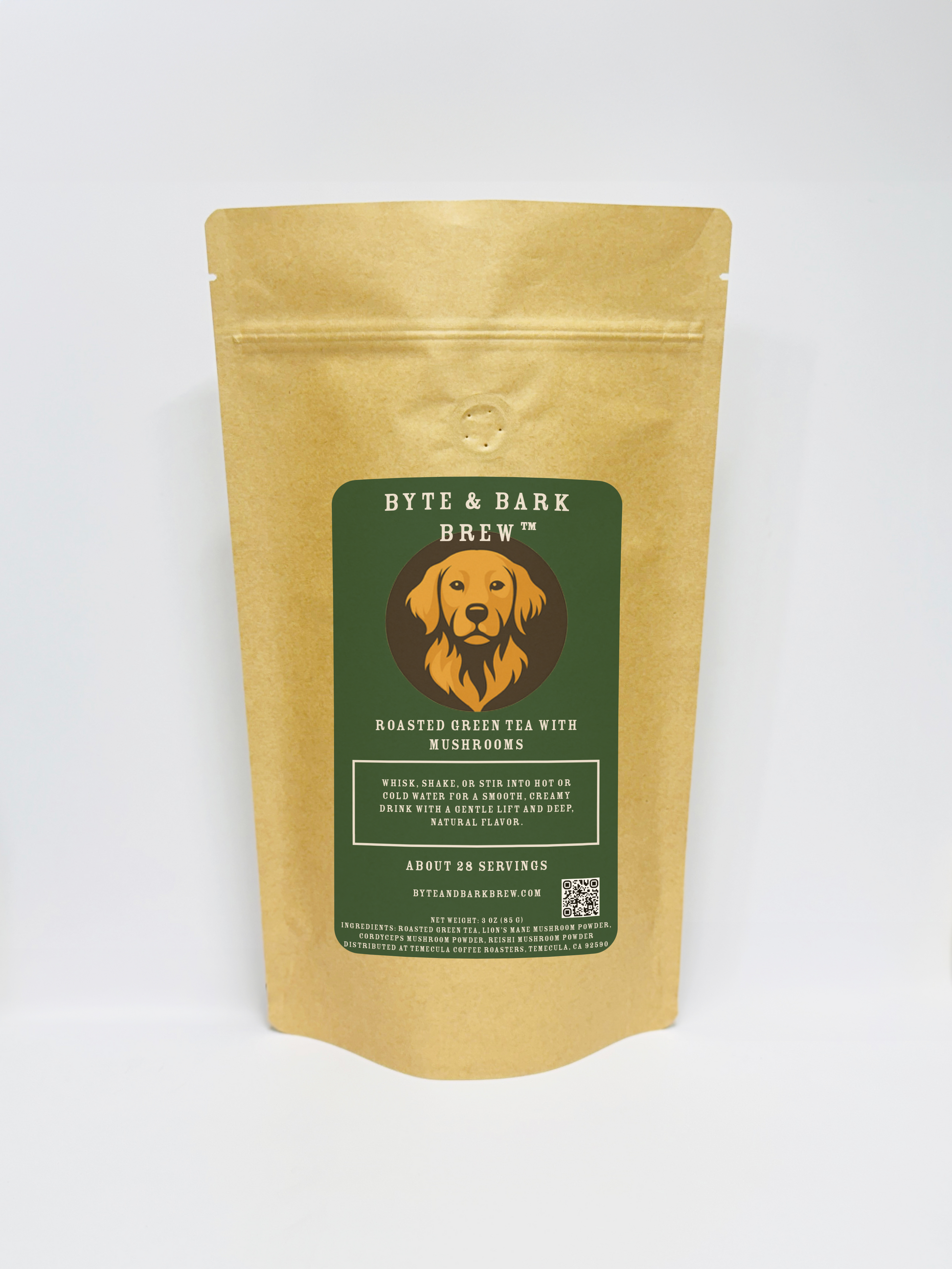 Byte & Bark Brew Hojicha roasted green tea with Lion's Mane, Cordyceps and Reishi mushrooms