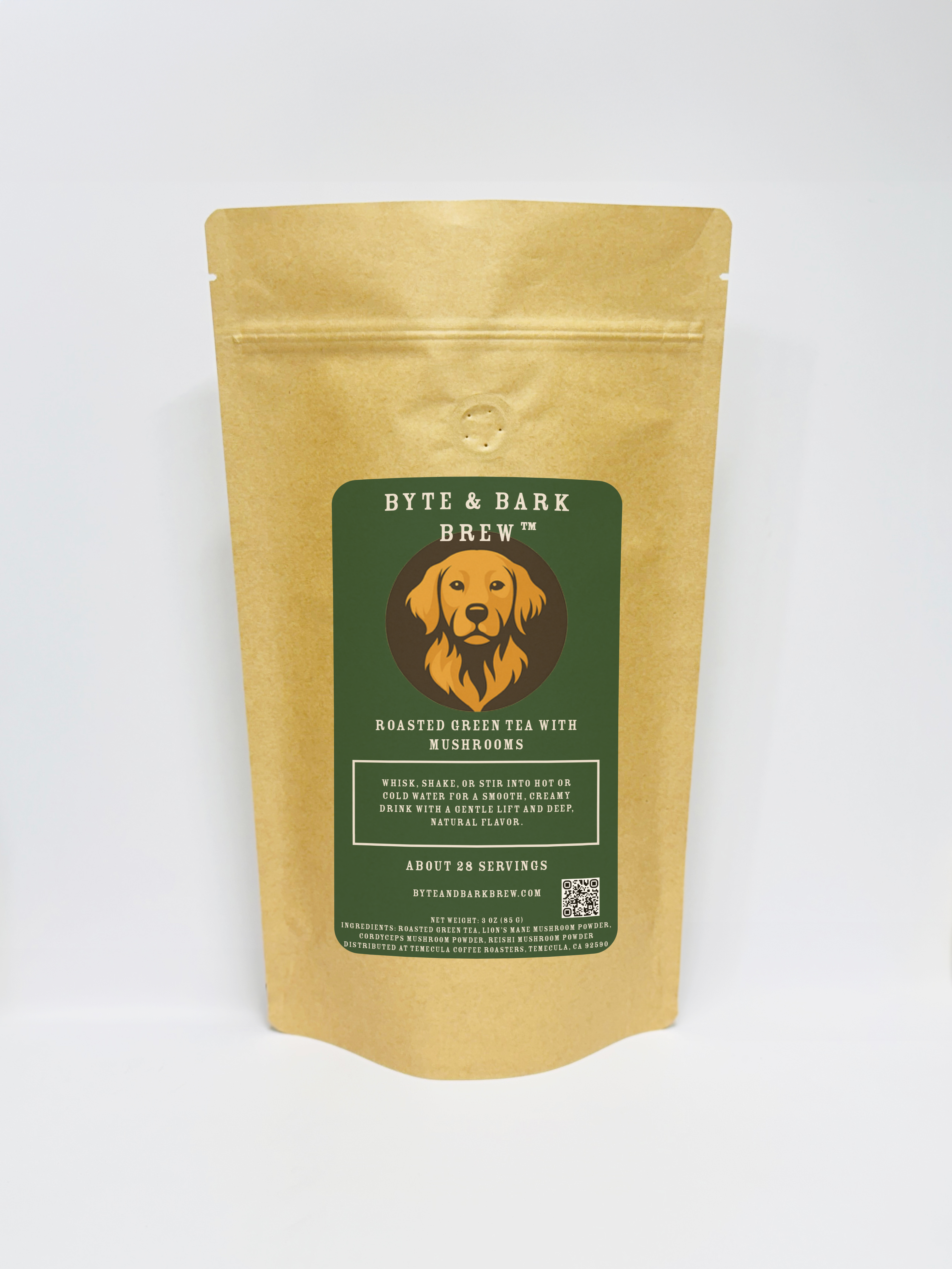 Byte & Bark Brew Hojicha roasted green tea with Lion's Mane, Cordyceps and Reishi mushrooms