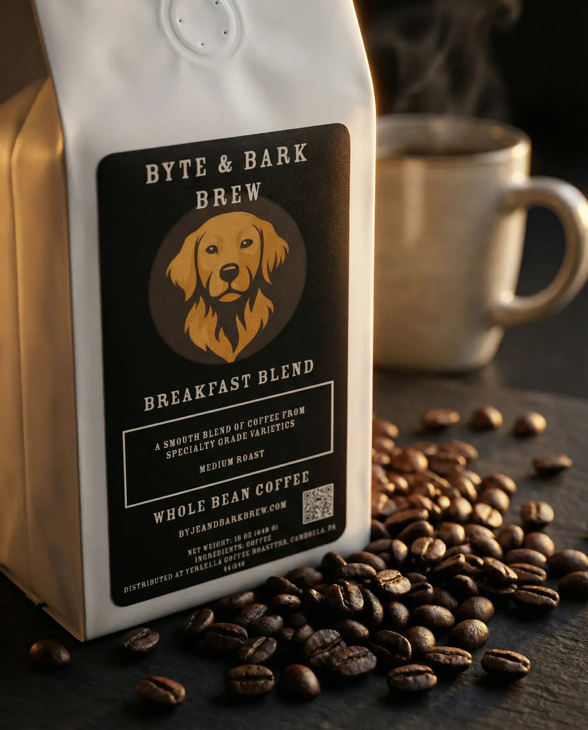 White Byte & Bark Brew® coffee bag with golden dog logo, beans scattered and steaming mug