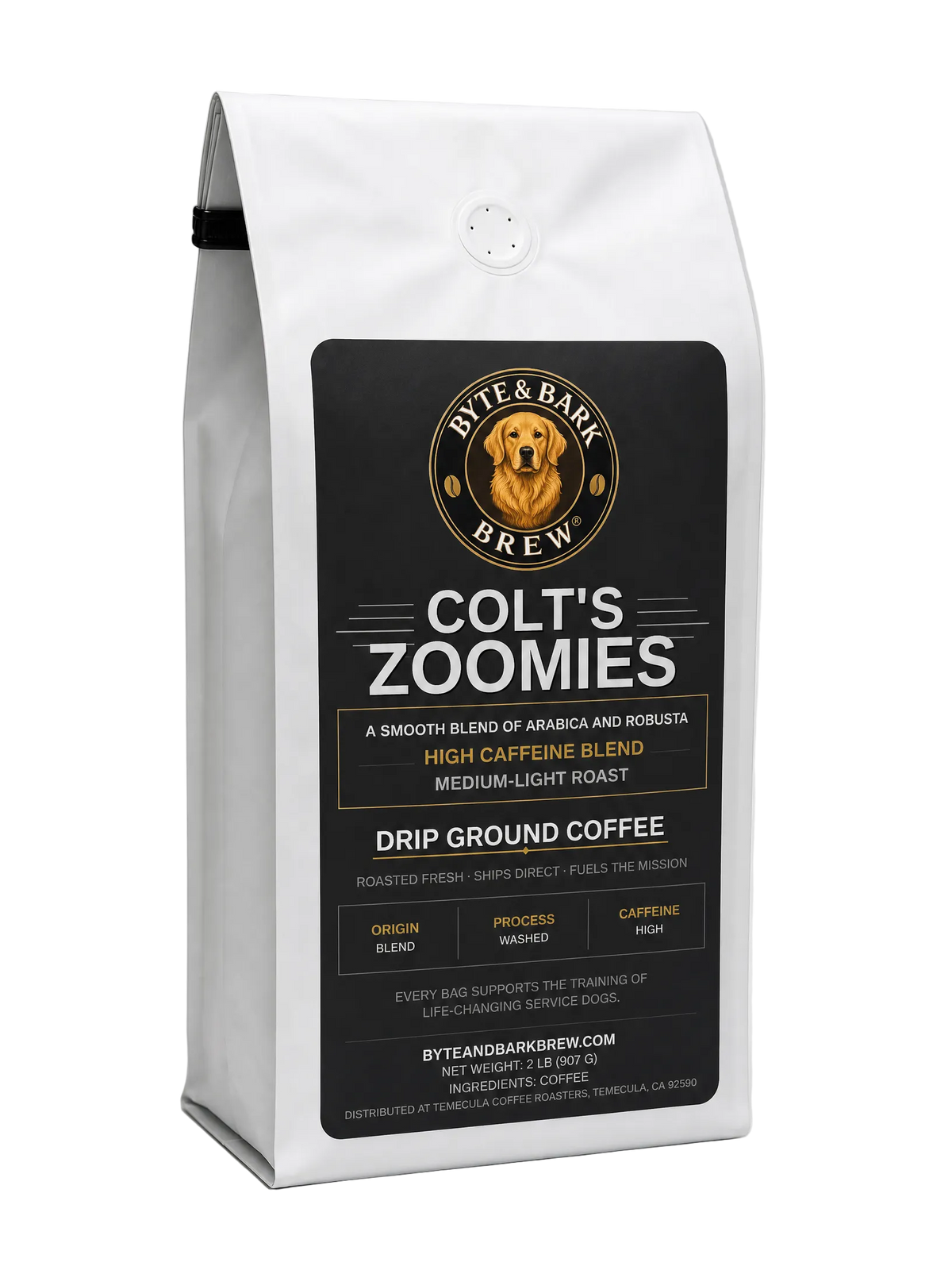 White 2 lb coffee bag with black label showing Byte & Bark Brew® logo and Colt's Zoomies