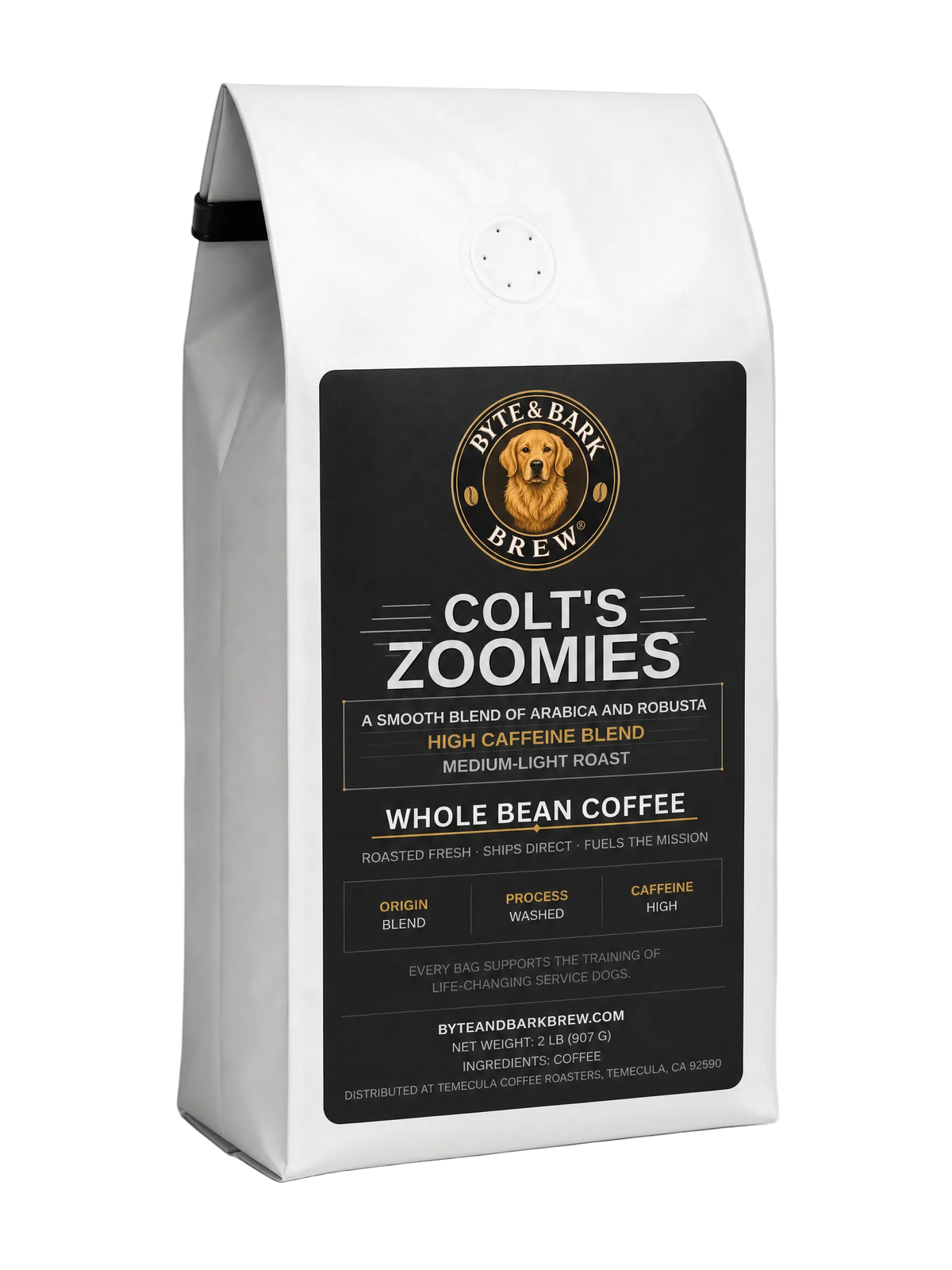 White standing coffee bag with black label displaying Byte & Bark Brew® dog logo and Colt's Zoomies name