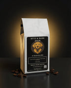 Coffee bag labeled 'Byte & Bark Brew' with a dog's face on a dark background