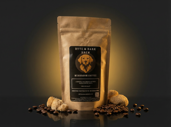 Coffee package with 'Byte & Bark Brew' label on a dark background
