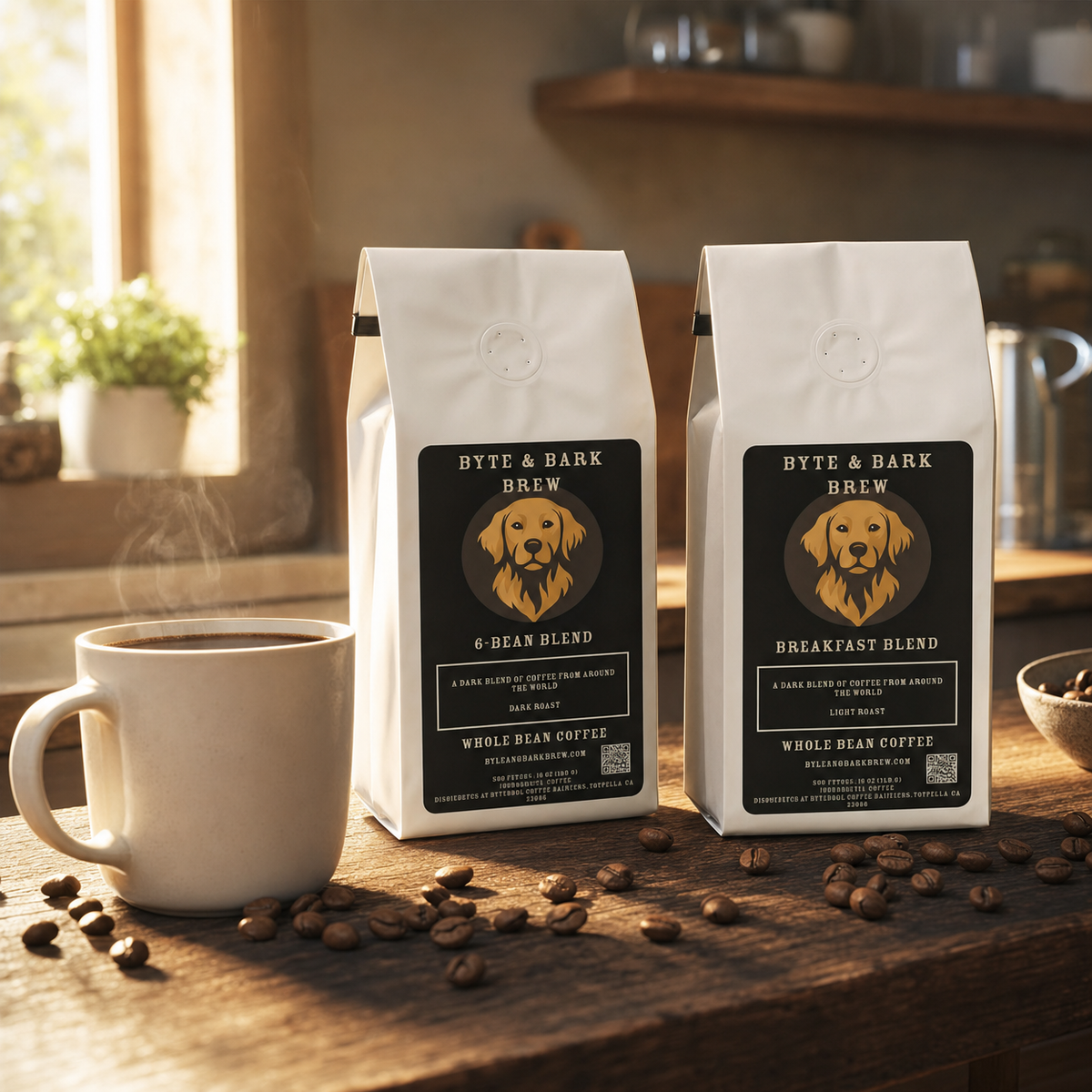 Two Byte & Bark Brew® whole bean bags, one dark roast and one light roast, scattered coffee beans