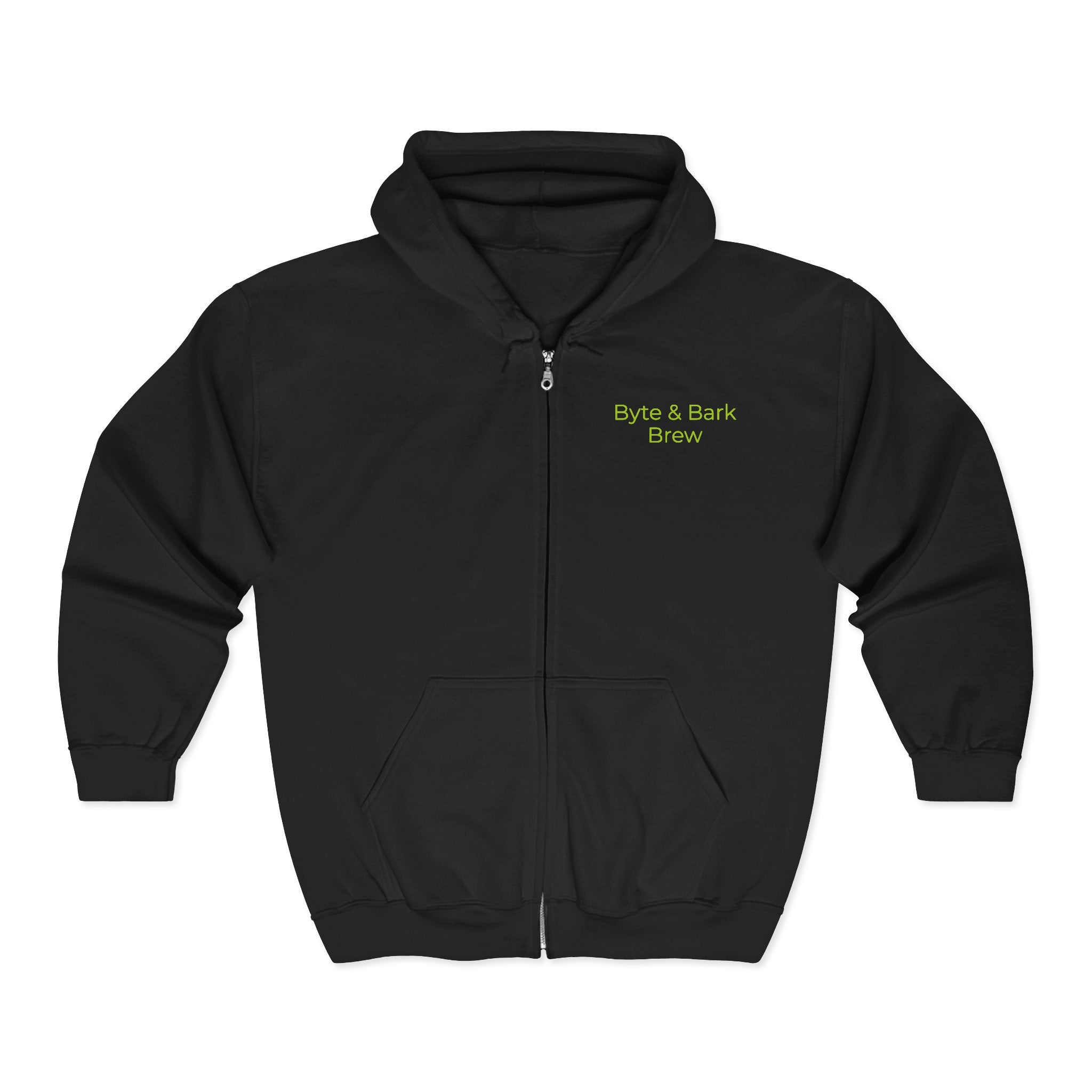 Black hoodie with 'Byte & Bark Brew' text on a white background