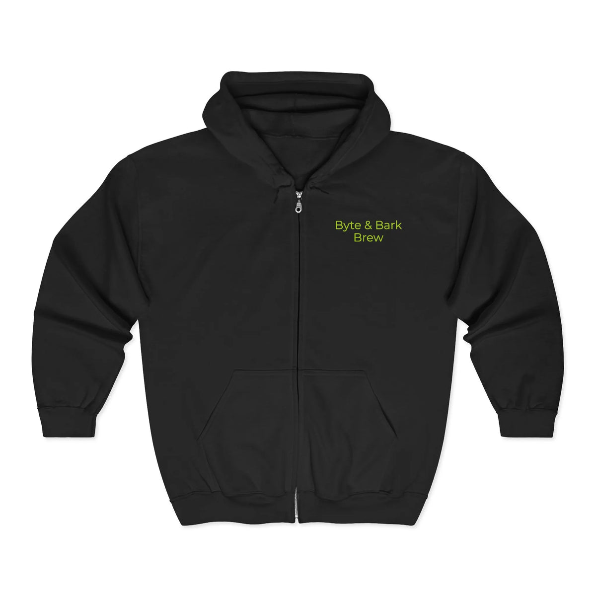 Black full-zip hooded sweatshirt with green Byte & Bark Brew® text on chest