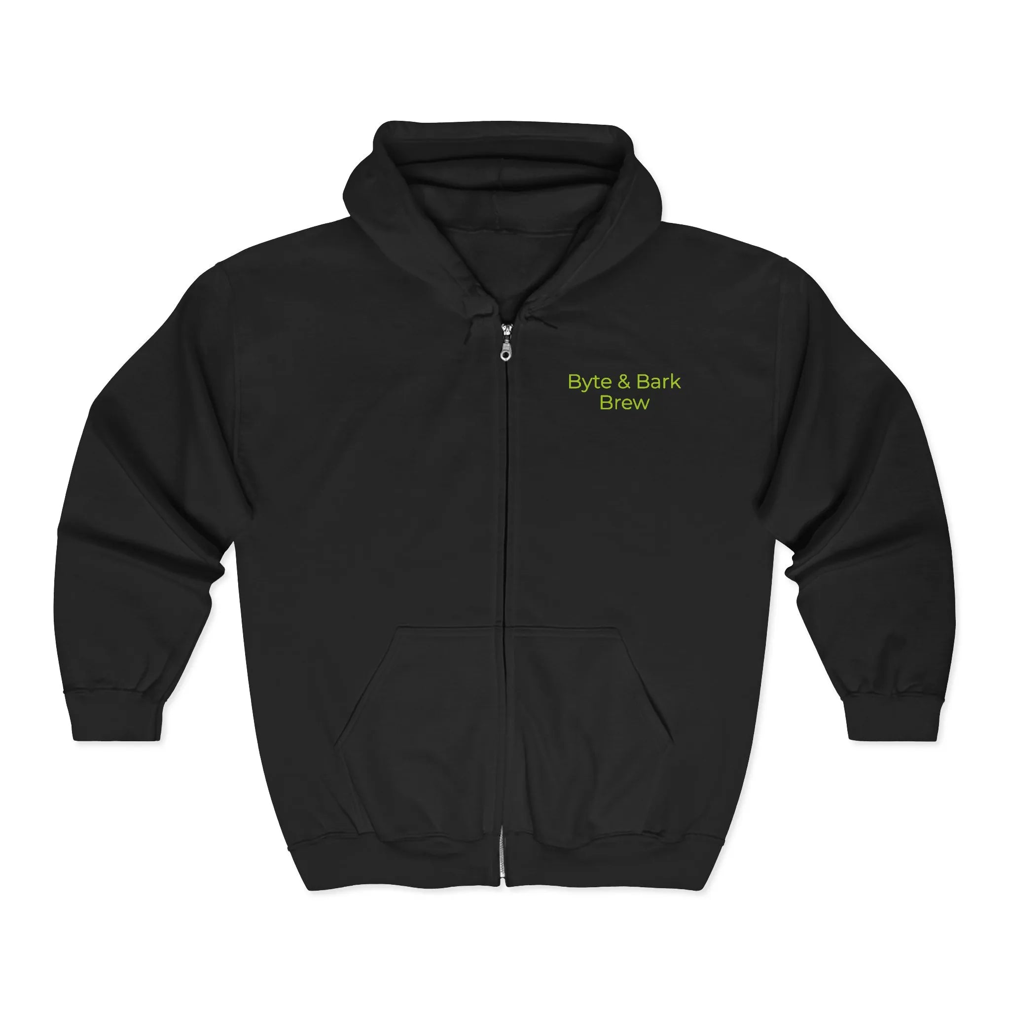 Black hoodie with 'Byte & Bark Brew' text on a white background
