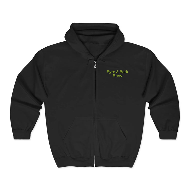 Black full-zip hooded sweatshirt with green Byte & Bark Brew® text on chest