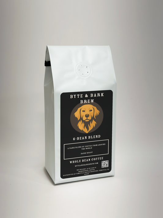 Byte & Bark Brew 6-Bean Blend coffee bag on a white background — bold, balanced roast crafted for everyday coffee lovers.