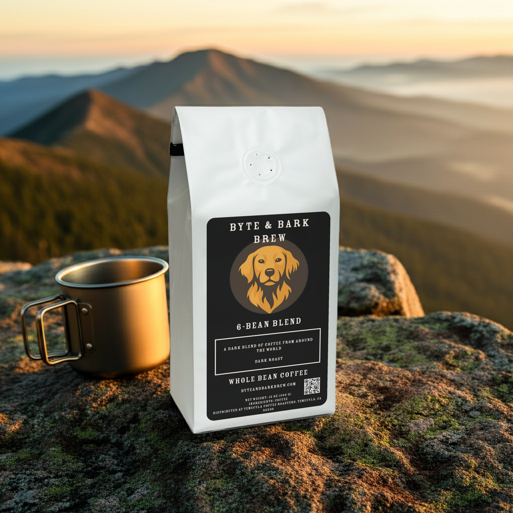 Byte & Bark Brew 6-Bean Blend coffee and metal mug overlooking a mountain view — brewed for explorers who start their mornings with adventure.